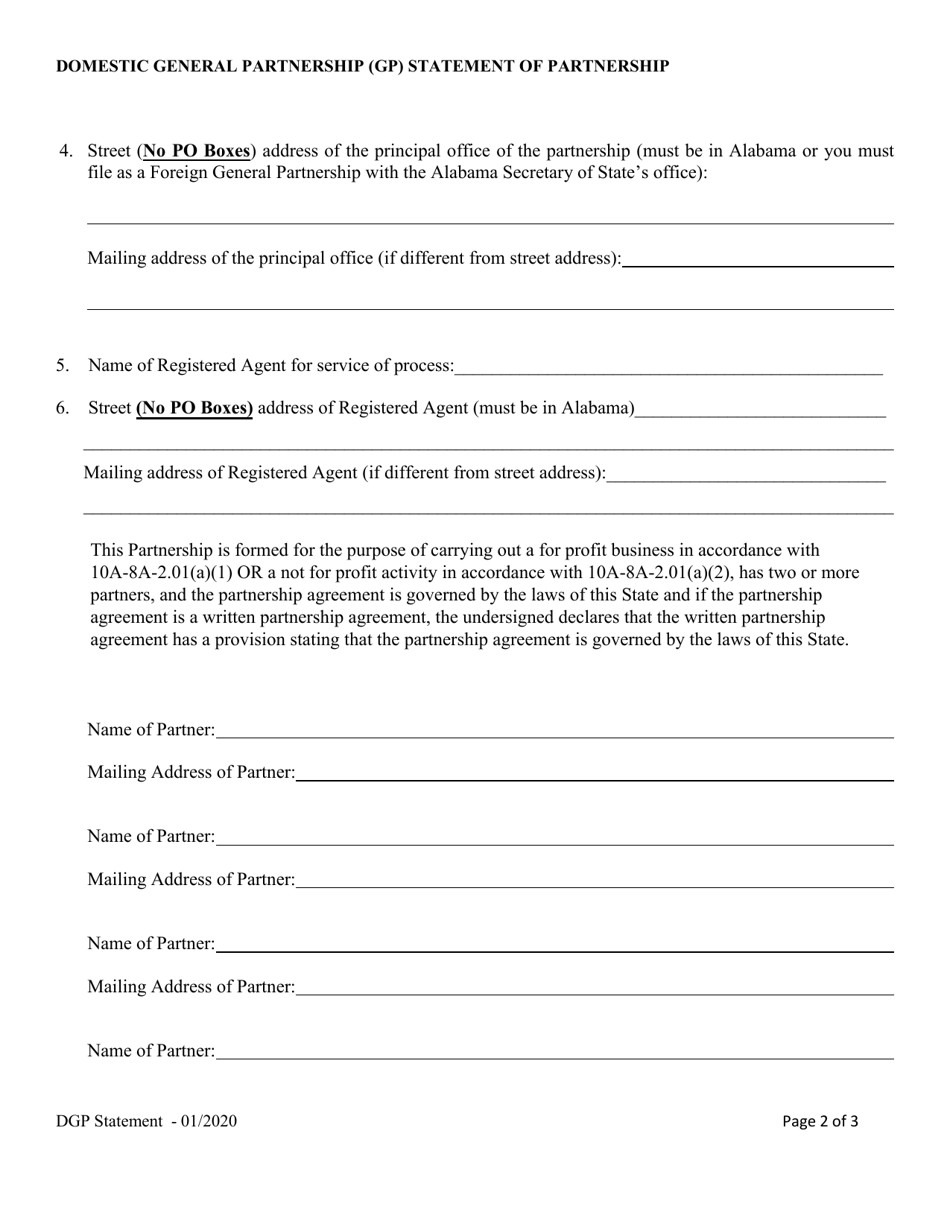 Domestic General Partnership (Gp) - Statement of Partnership - Alabama, Page 2