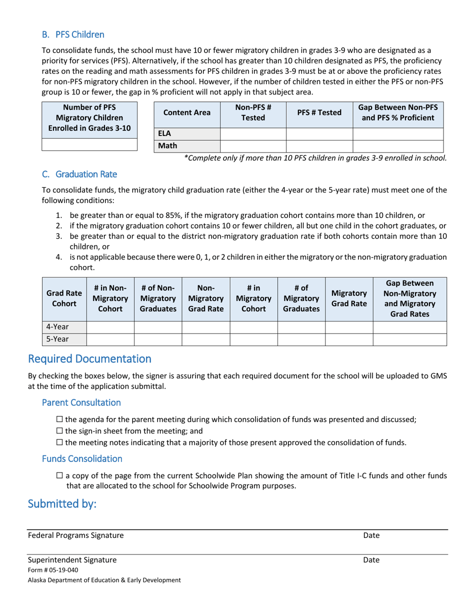 Form 05-19-040 Application to Consolidate Title I-C Migrant Funds Into a Title I-A Schoolwide Program - Alaska, Page 2