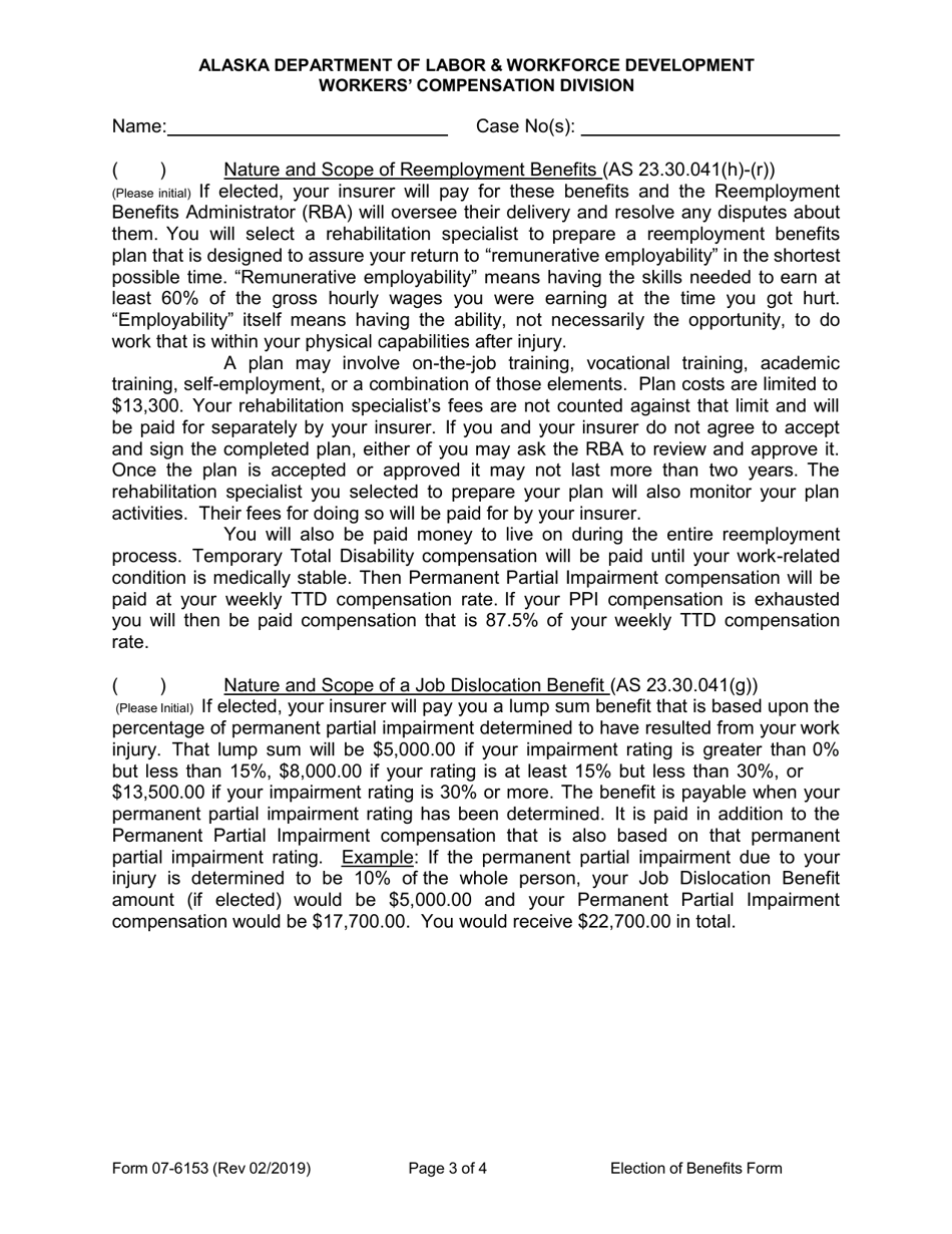 Form 07-6153 Reemployment, Election to Either Receive Reemployment Benefits or Waive Reemployment Benefits and Receive a Job Dislocation Benefit Instead - Alaska, Page 3