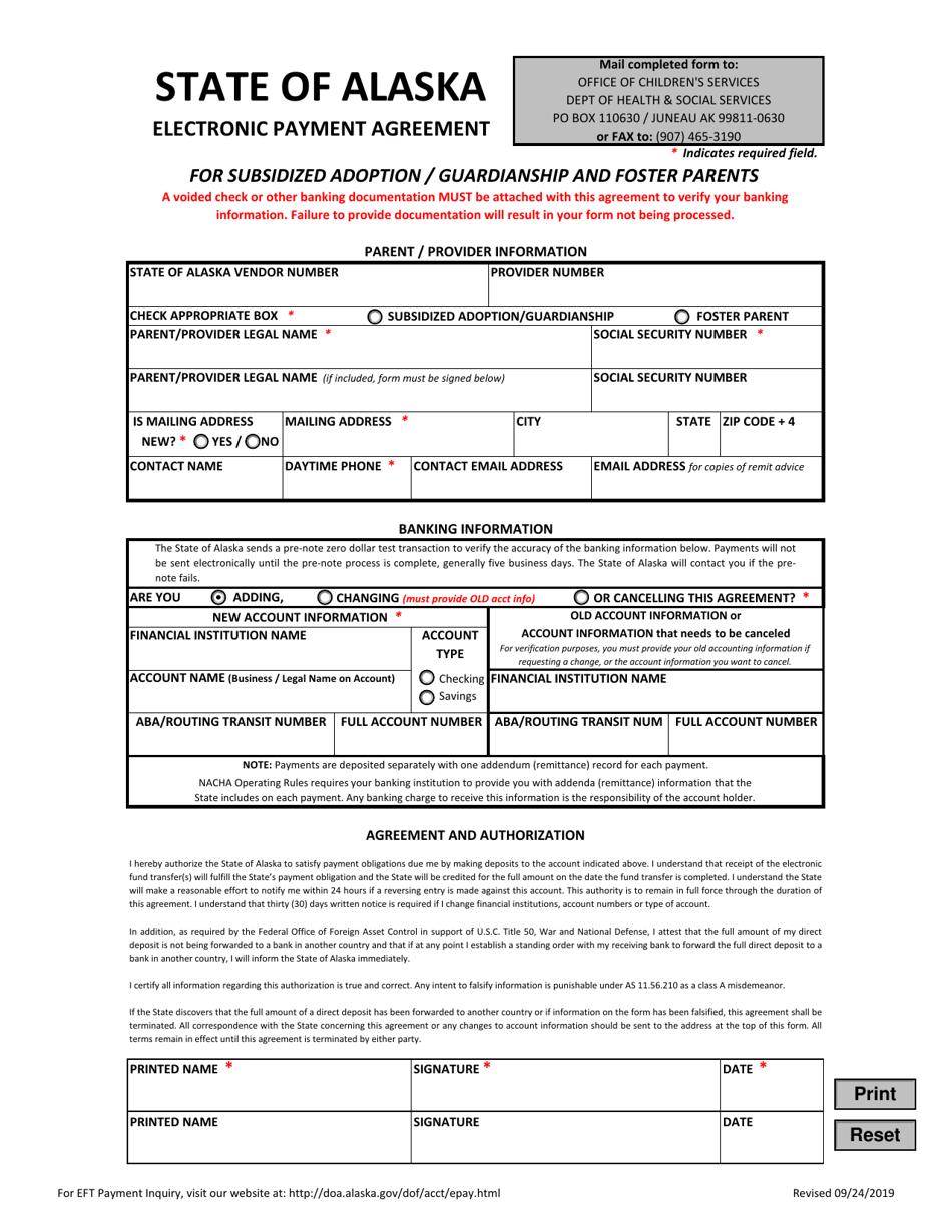 Electronic Payment Agreement for Subsidized Adoption / Guardianship and Foster Parents - Alaska, Page 1