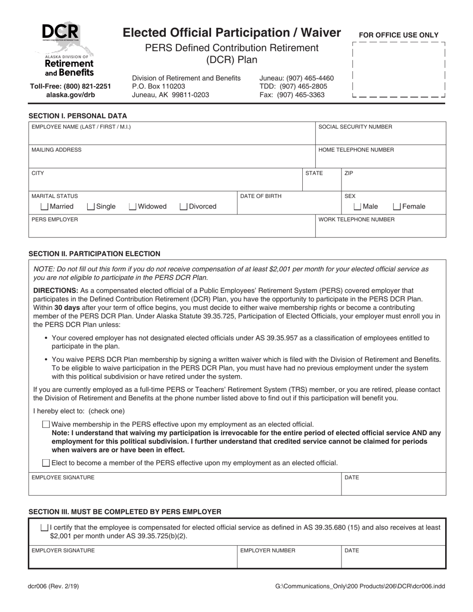 Form DCR006 Elected Official Participation / Waiver - Pers Defined Contribution Retirement (Dcr) Plan - Alaska, Page 1