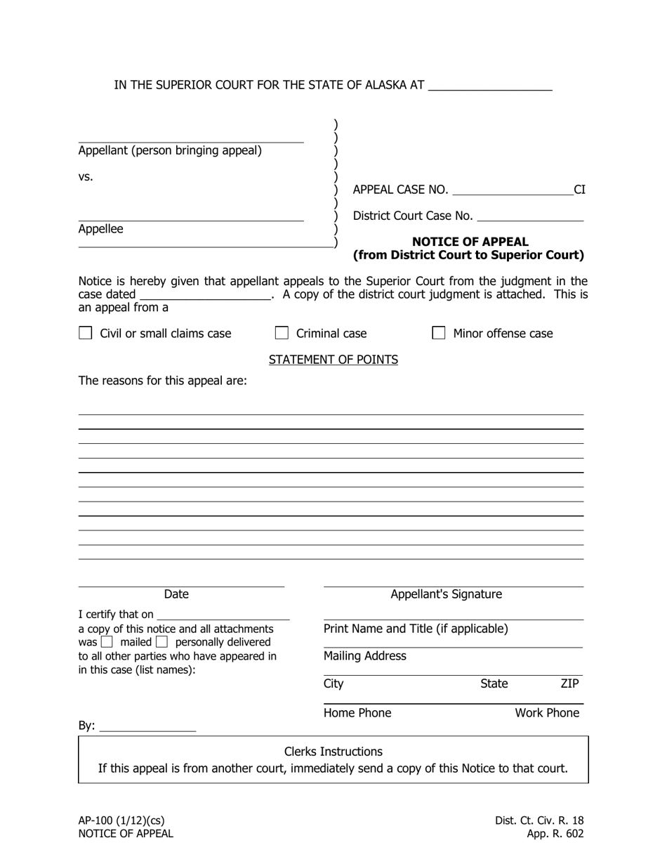 Form AP-100 Notice of Appeal (From District Court to Superior Court) - Alaska, Page 1