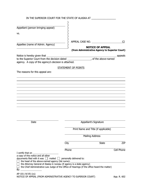 Form AP-101 Notice of Appeal (From Administrative Agency to Superior Court) - Alaska