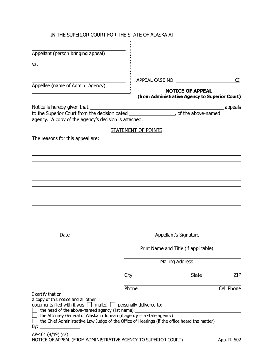 Form AP-101 Notice of Appeal (From Administrative Agency to Superior Court) - Alaska, Page 1