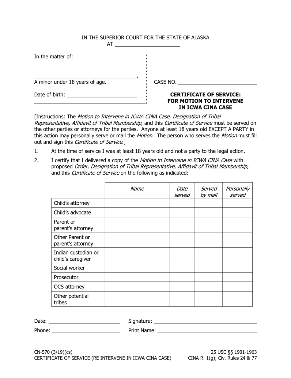 Form CN-570 Certificate of Service: for Motion to Intervene in Icwa Cina Case - Alaska, Page 1