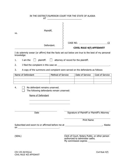 Form CIV-135 Civil Rule 4(F) Affidavit - Alaska