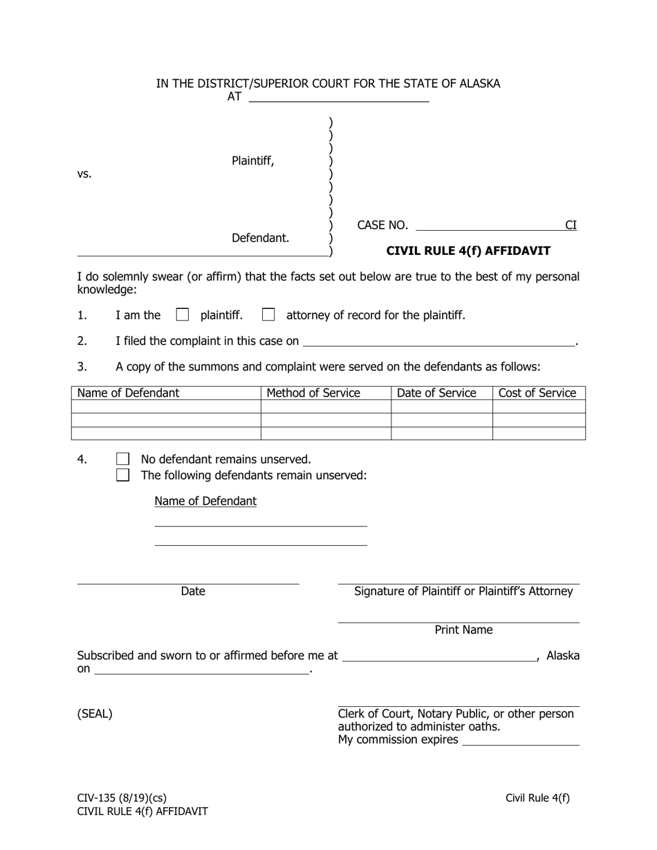 Form CIV-135 - Fill Out, Sign Online and Download Fillable PDF, Alaska ...