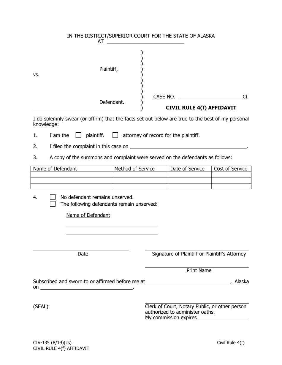 Form CIV-135 Civil Rule 4(F) Affidavit - Alaska, Page 1