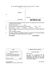 Document preview: Form CIV-200 Memorandum to Set Civil Case for Trial - Alaska
