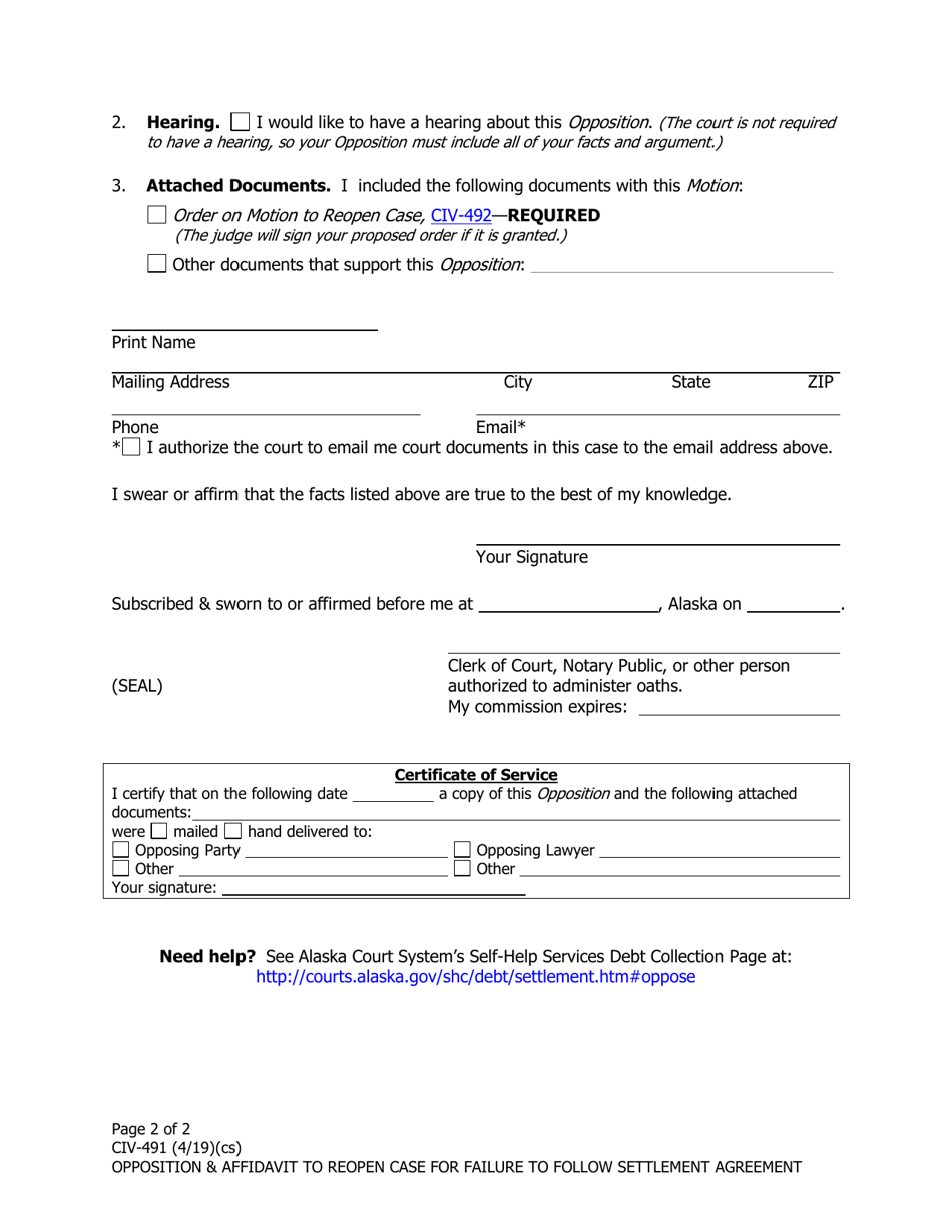 Form CIV-491 Opposition and Affidavit to Motion to Reopen Case for Failure to Follow Settlement Agreement - Alaska, Page 2
