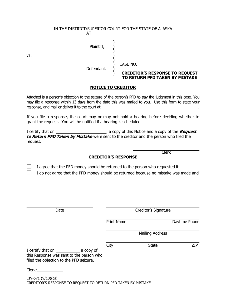 Form CIV-571 Creditors Response to Request to Return Pfd Taken by Mistake - Alaska, Page 1