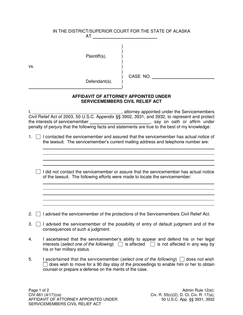 Form CIV-661 Affidavit of Attorney Appointed Under Servicemembers Civil Relief Act - Alaska, Page 1