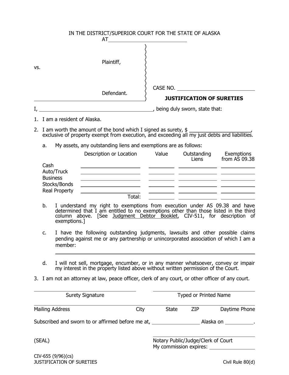 Form CIV-655 Justification of Sureties - Alaska, Page 1