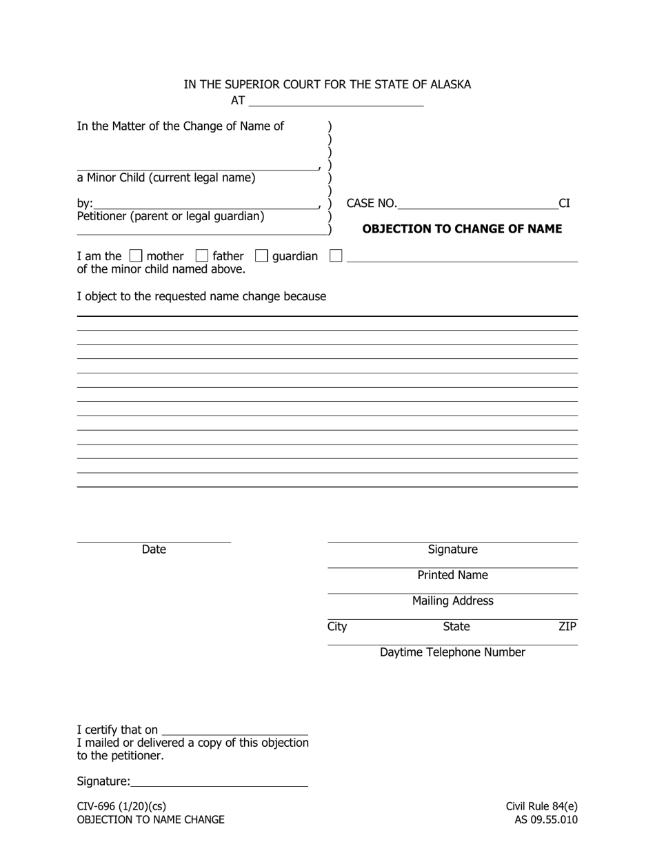 Form CIV-696 Objection to Change Name - Alaska, Page 1