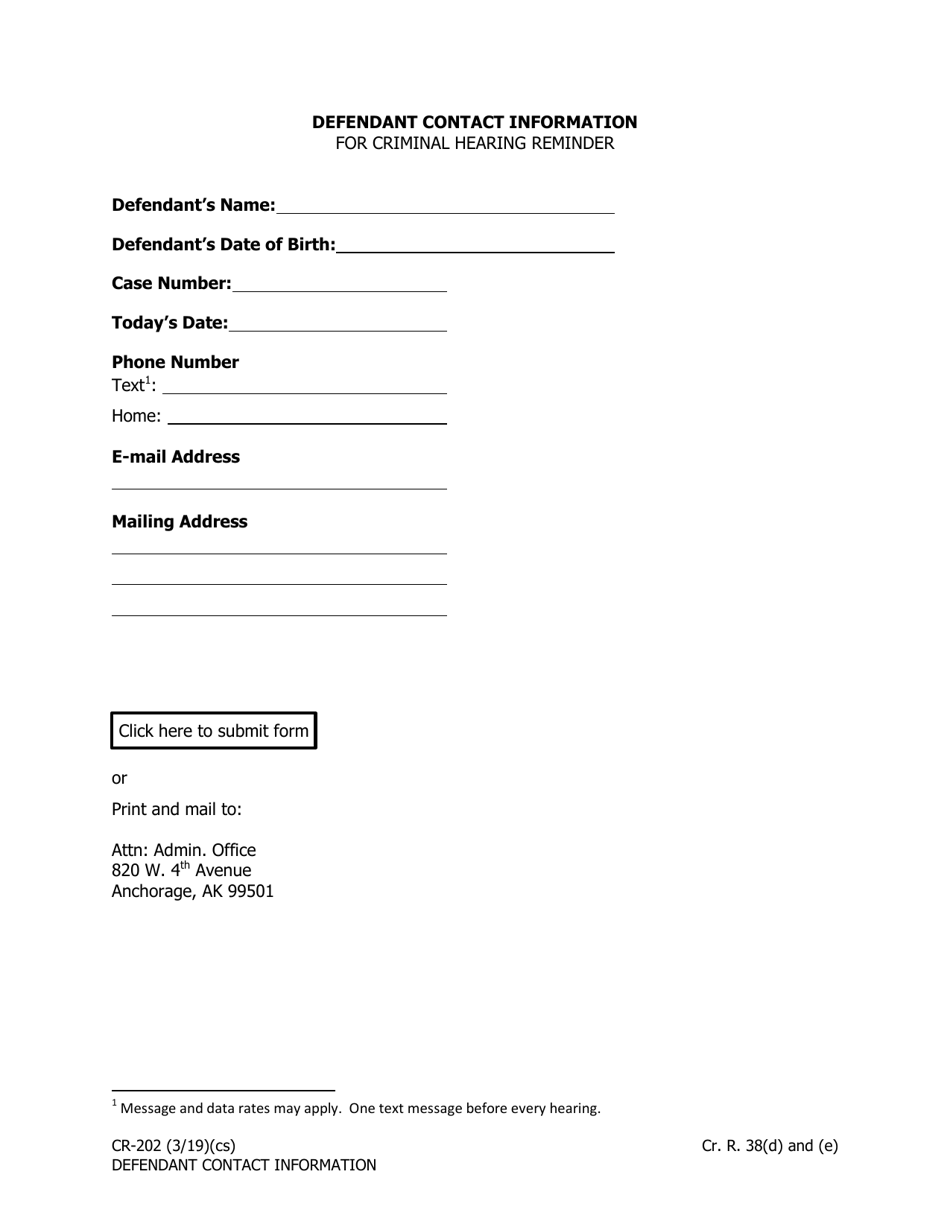 Form CR-202 Defendant Contact Information for Criminal Hearing Reminder - Alaska, Page 1