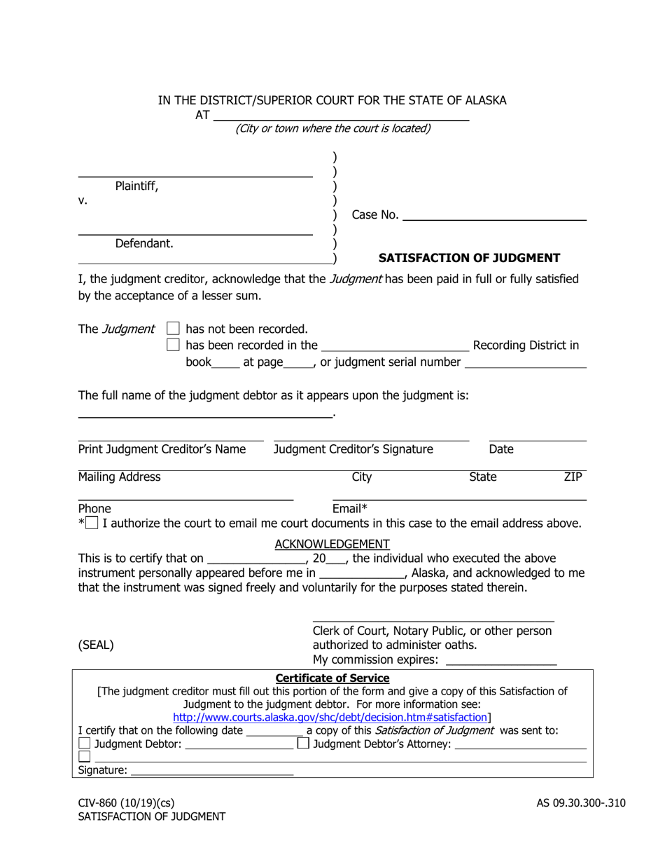 Form CIV-860 Satisfaction of Judgment - Alaska, Page 1