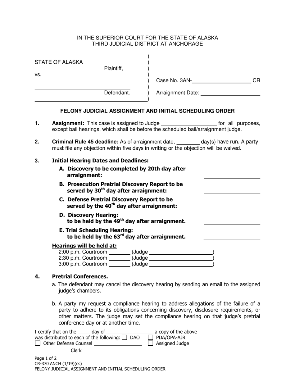 Form CR-370 ANCH Felony Case Pretrial Order - Anchorage, Alaska, Page 1