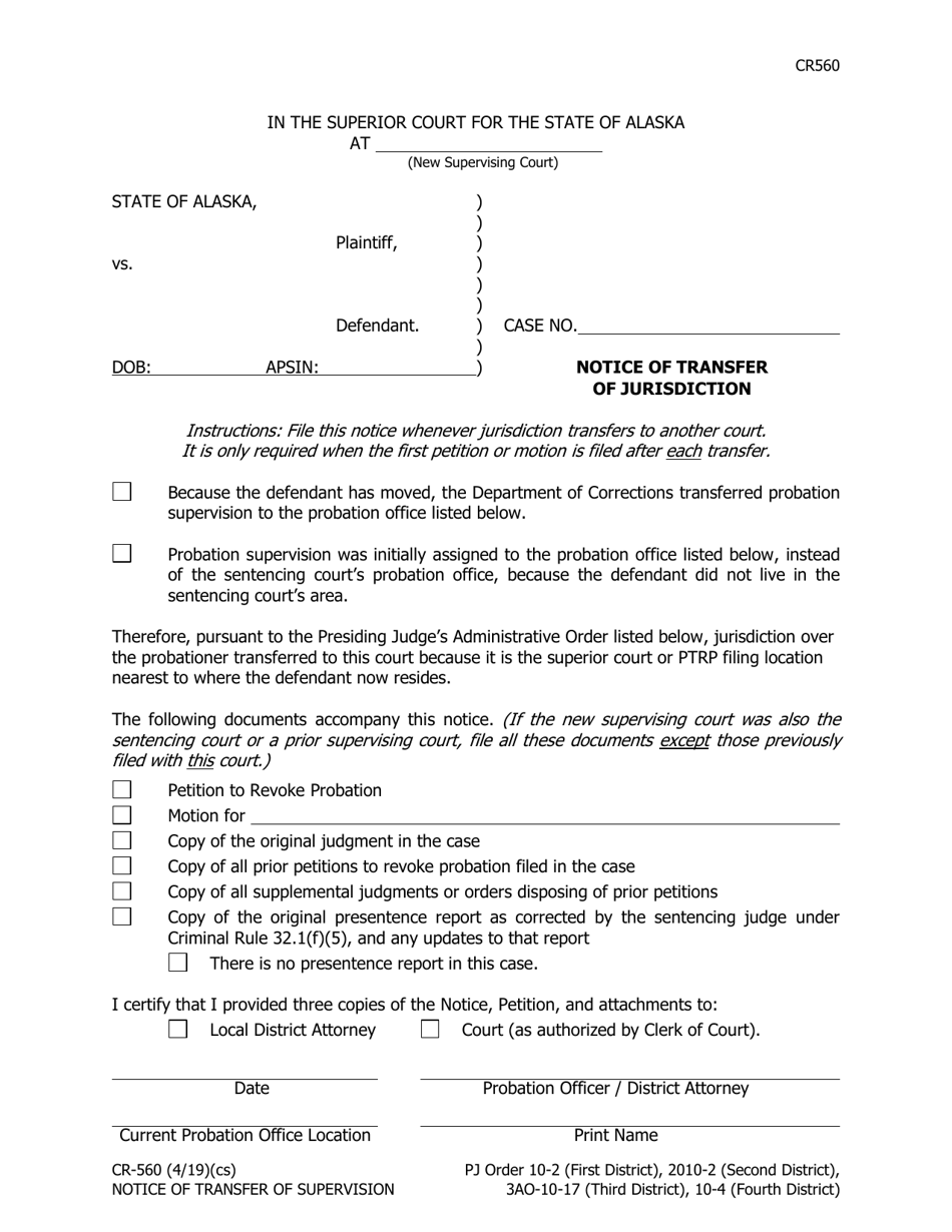 Form CR-560 Notice of Transfer of Jurisdiction - Alaska, Page 1