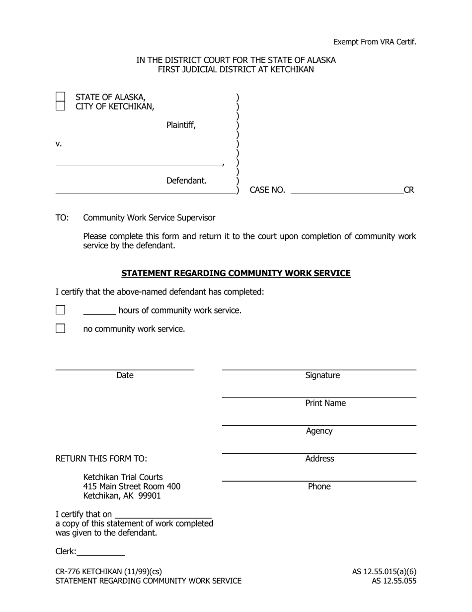 Form CR-776 Statement Regarding Community Work Service - Ketchikan, Alaska, Page 1
