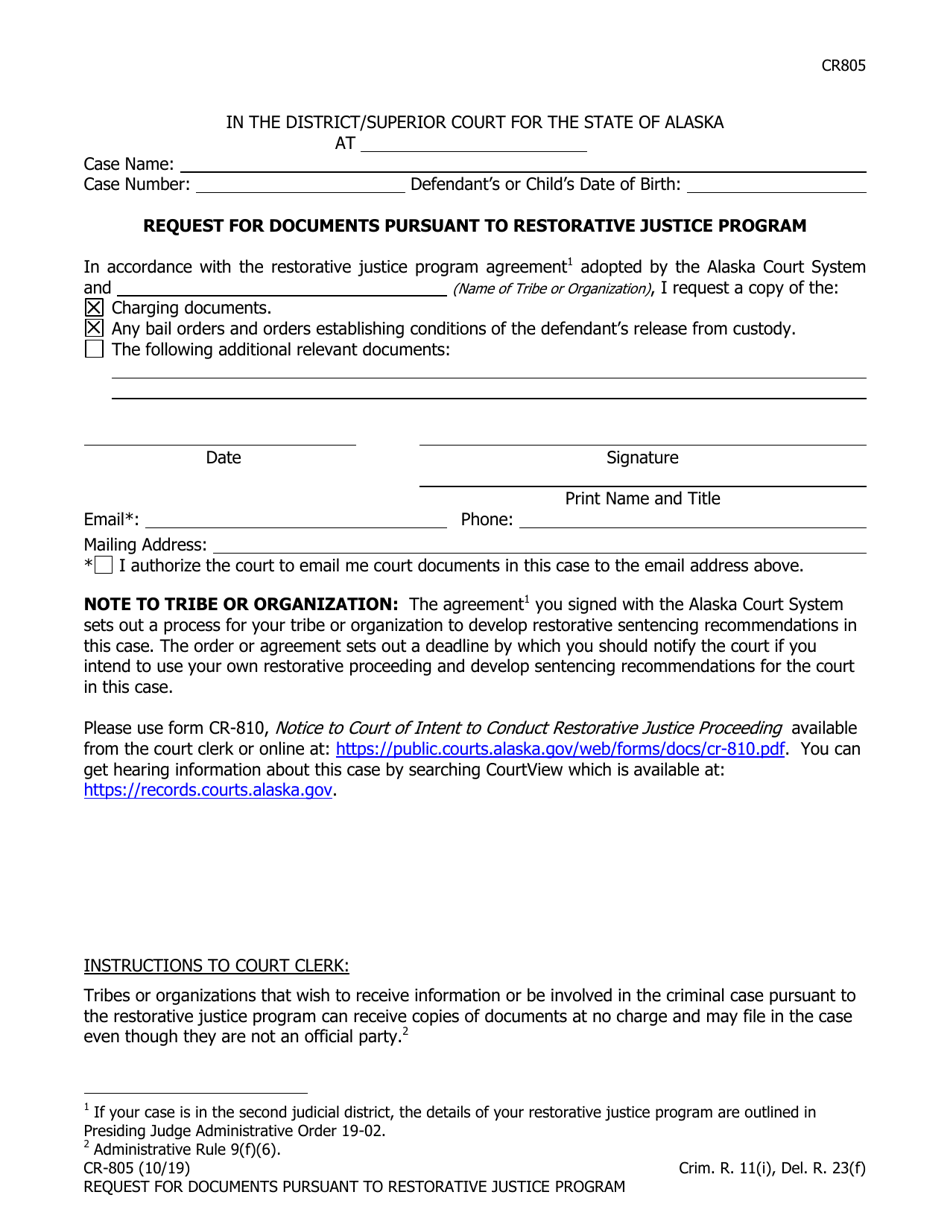 Form CR-805 Request for Documents Pursuant to Restorative Justice Program - Alaska, Page 1