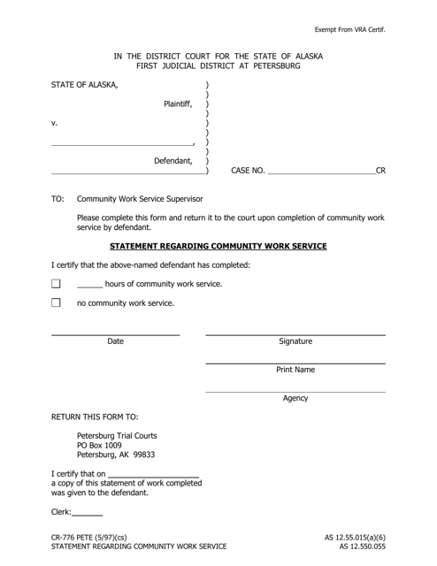Form CR-776 Statement Regarding Community Work Service - Petersburg, Alaska