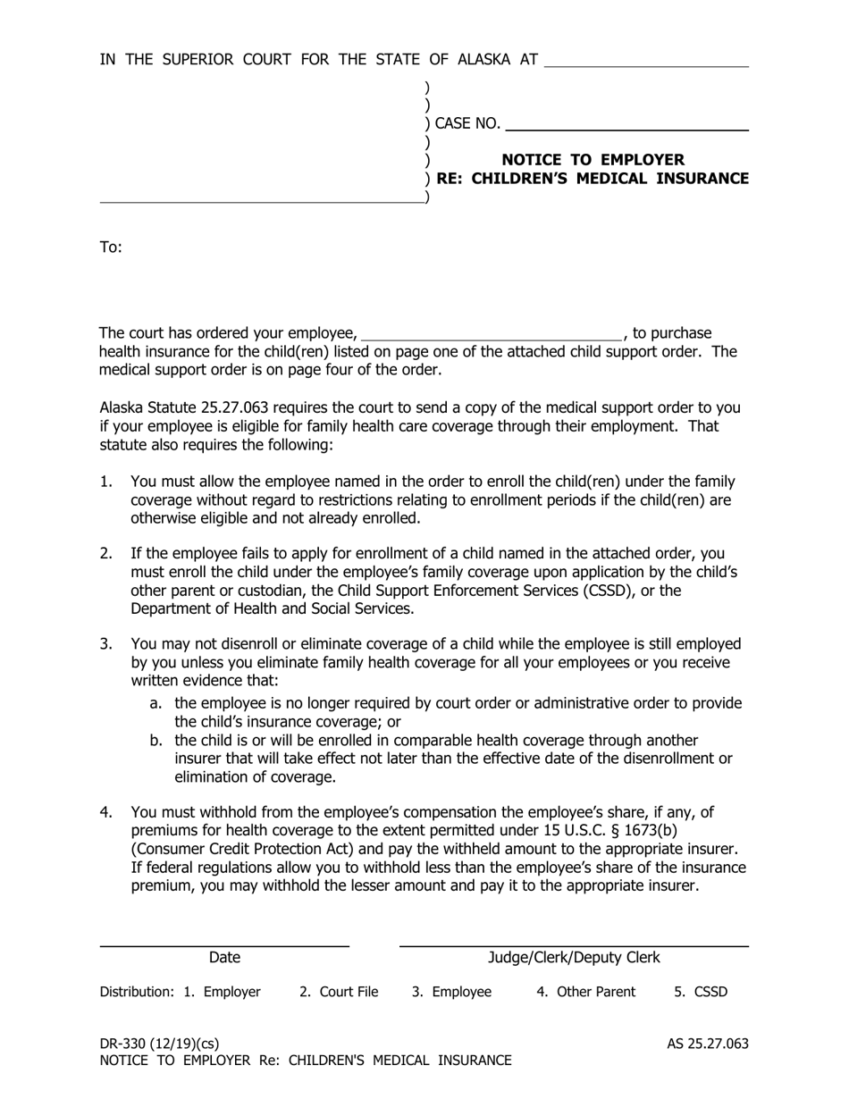 Form DR-330 Notice to Employer Re: Childrens Medical Insurance - Alaska, Page 1