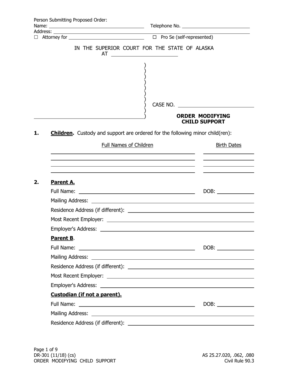 Form DR-301 Order Modifying Child Support - Alaska, Page 1