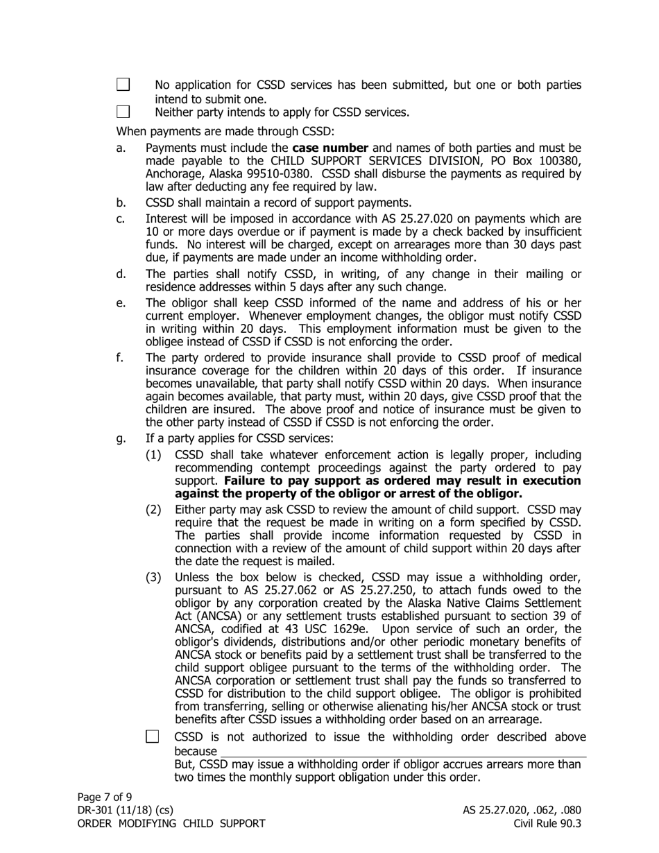 Form DR-301 Order Modifying Child Support - Alaska, Page 7