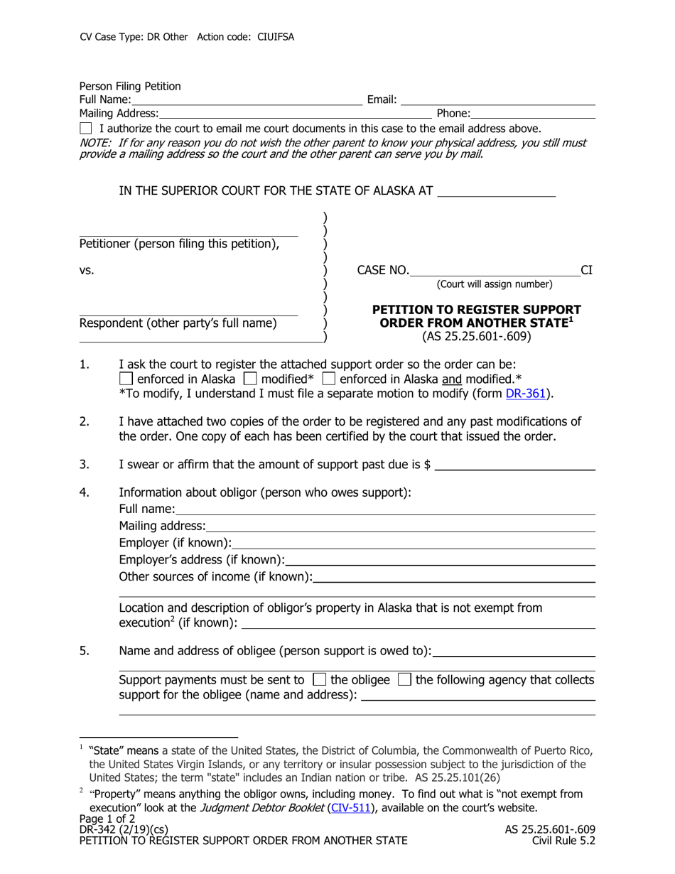 Form DR-342 Petition to Register Support Order From Another State - Alaska, Page 1