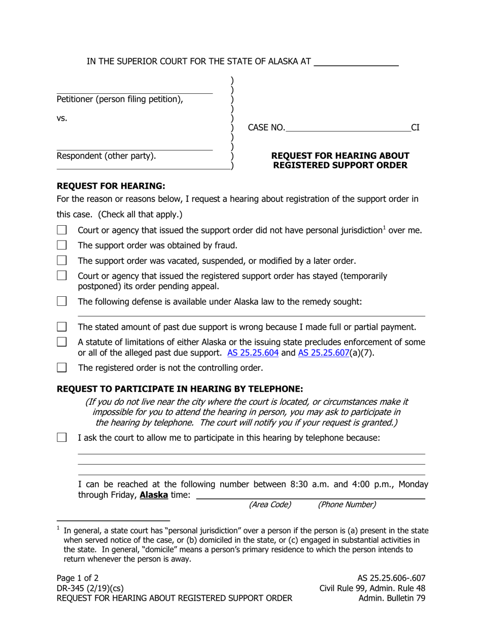 Form DR-345 Request for Hearing About Registered Support Order - Alaska, Page 1