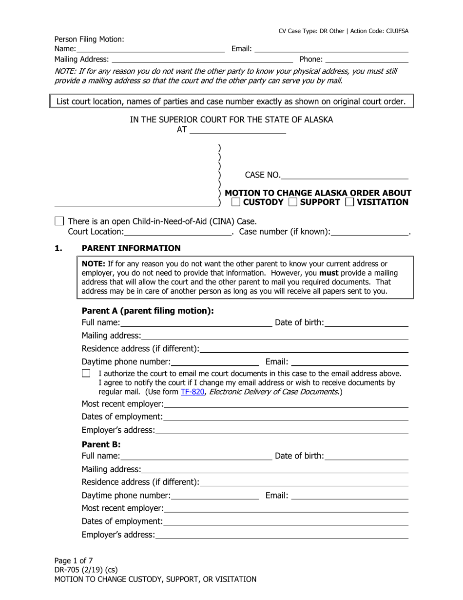 Form DR-705 Motion to Change Alaska Order About Custody, Support or Visitation - Alaska, Page 1