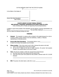 Form P-321 Order Starting Formal Probate and Appointing Personal Representative When There Is a Will - Alaska