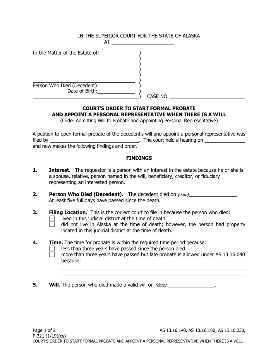 Form P-321 Order Starting Formal Probate and Appointing Personal Representative When There Is a Will - Alaska, Page 1