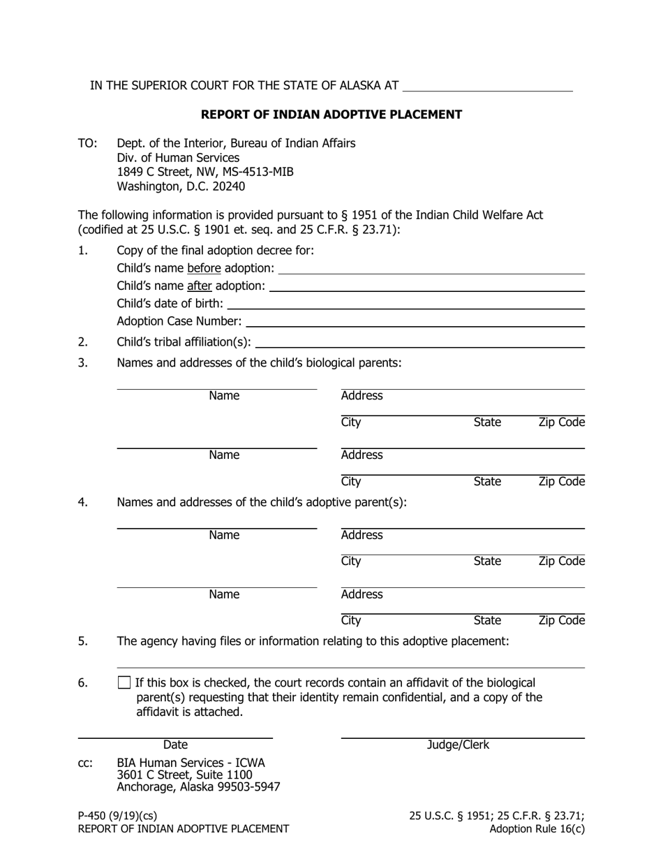 Form P-450 Report of Indian Adoptive Placement - Alaska, Page 1