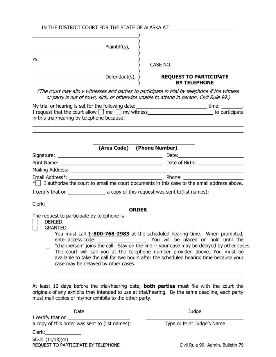 Form SC-31 Request to Participate by Telephone - Alaska, Page 1