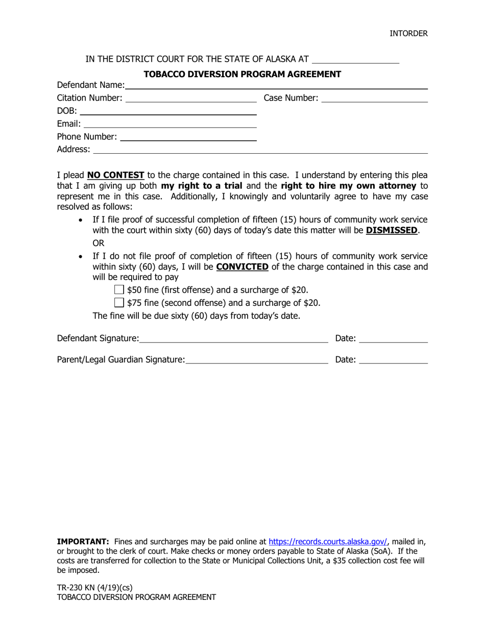 Form TR-230 KN Tobacco Diversion Program Agreement - Alaska, Page 1