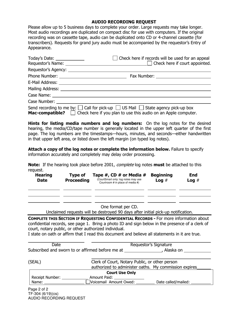 Form TF-304 Audio Recording Request - Alaska, Page 2