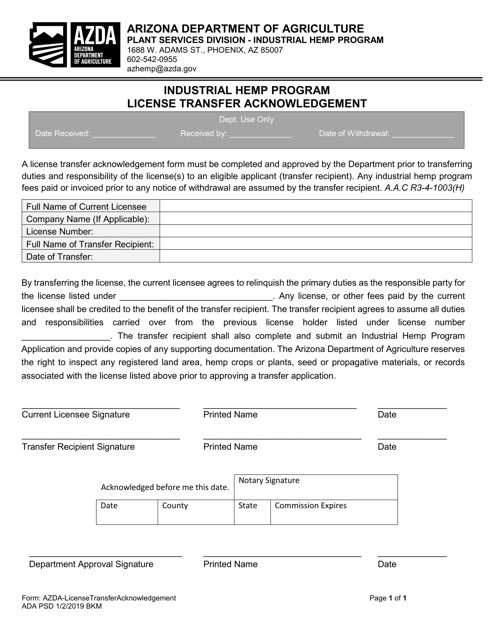 Industrial Hemp Program License Transfer Acknowledgement - Arizona Download Pdf