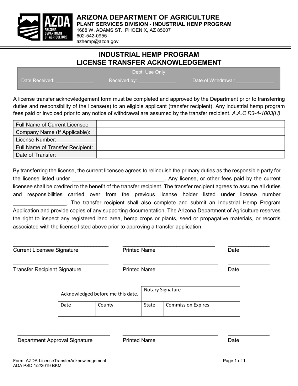 Industrial Hemp Program License Transfer Acknowledgement - Arizona, Page 1