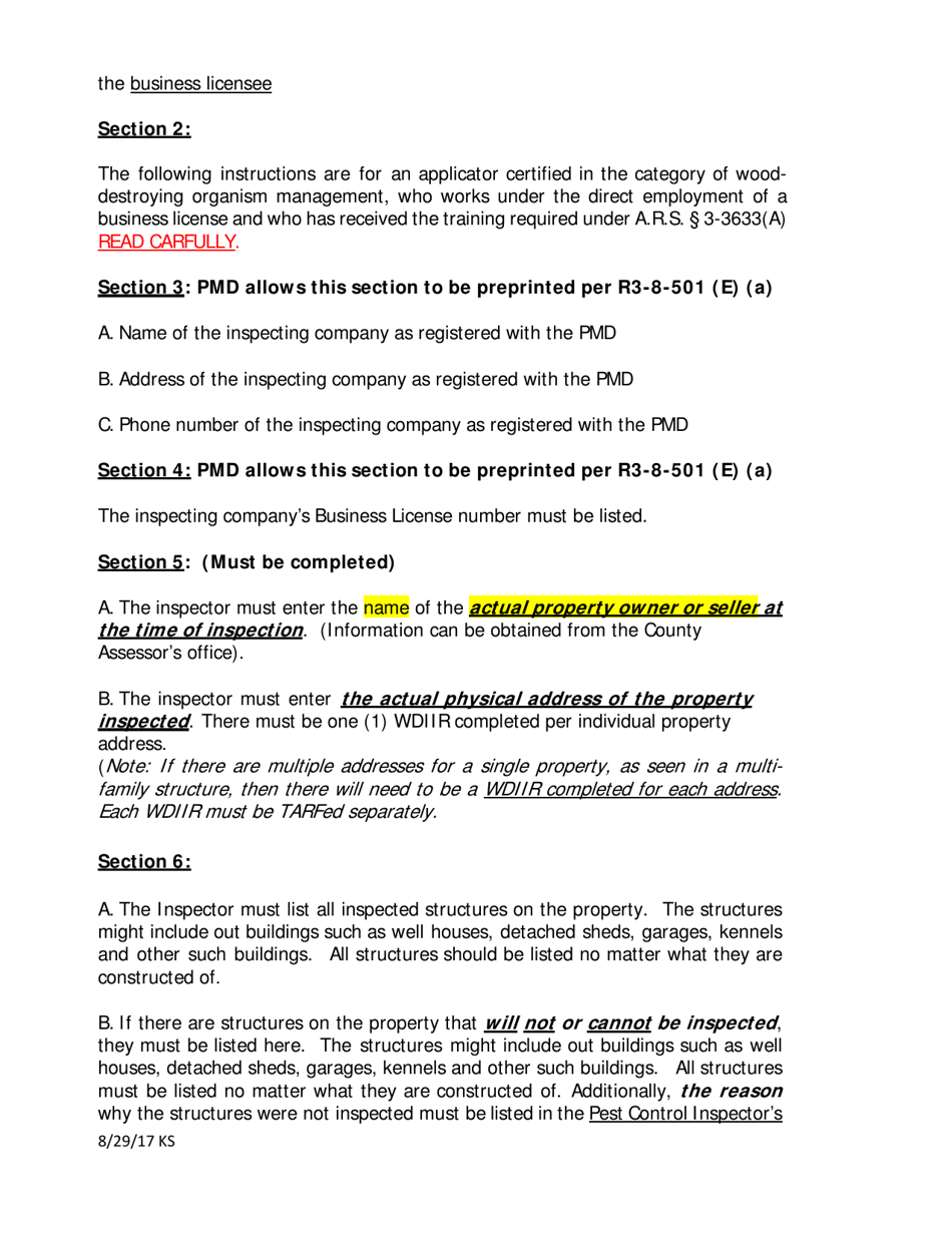 Instructions for Wood Destroying Insect Inspection Report - Arizona, Page 3