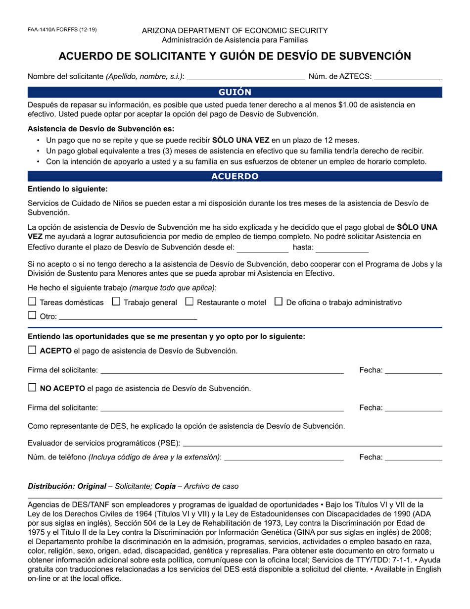 Formulario FAA-1410A-S Acuerdo De Solicitante Y Guion De Desvio De Subvencion - Arizona (Spanish), Page 1
