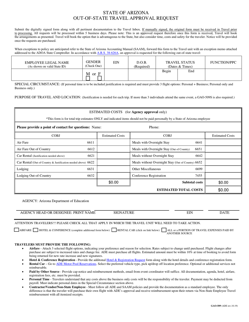 Form GAO-509 State of Arizona Out-of-State Travel Approval Request - Arizona, Page 1