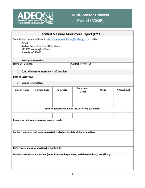 Multi-Sector General Permit (Msgp) Compliance: Control Measure Assessment Report (Cmar) - Arizona Download Pdf
