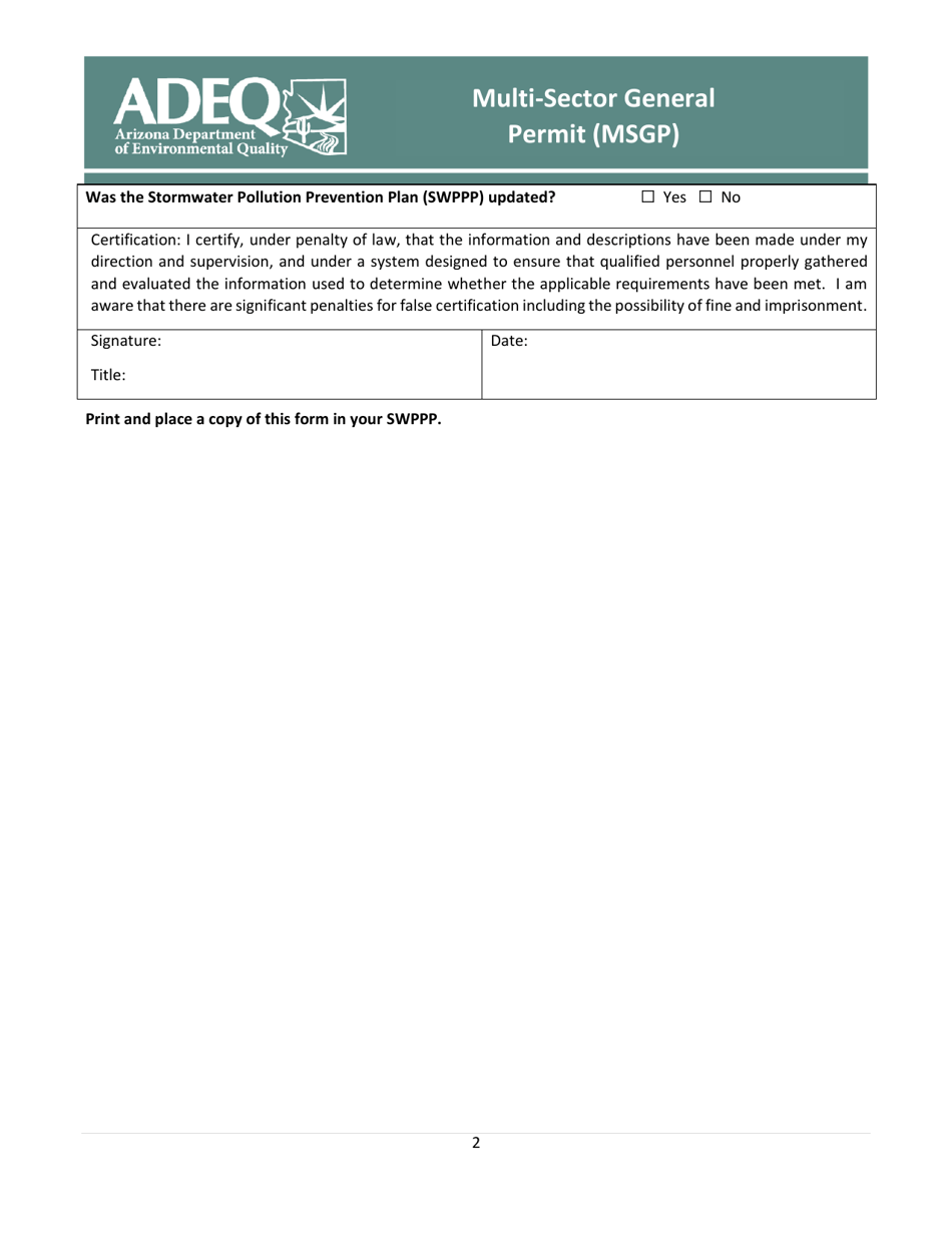 Multi-Sector General Permit (Msgp) Compliance: Control Measure Assessment Report (Cmar) - Arizona, Page 2