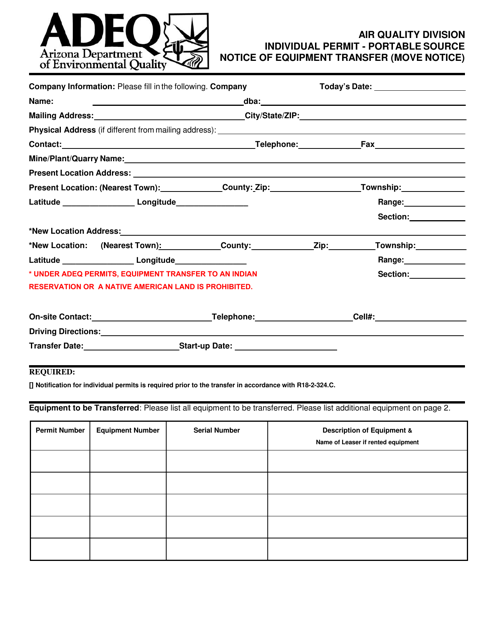 Individual Permit - Portable Source Notice of Equipment Transfer (Move Notice) - Arizona Download Pdf