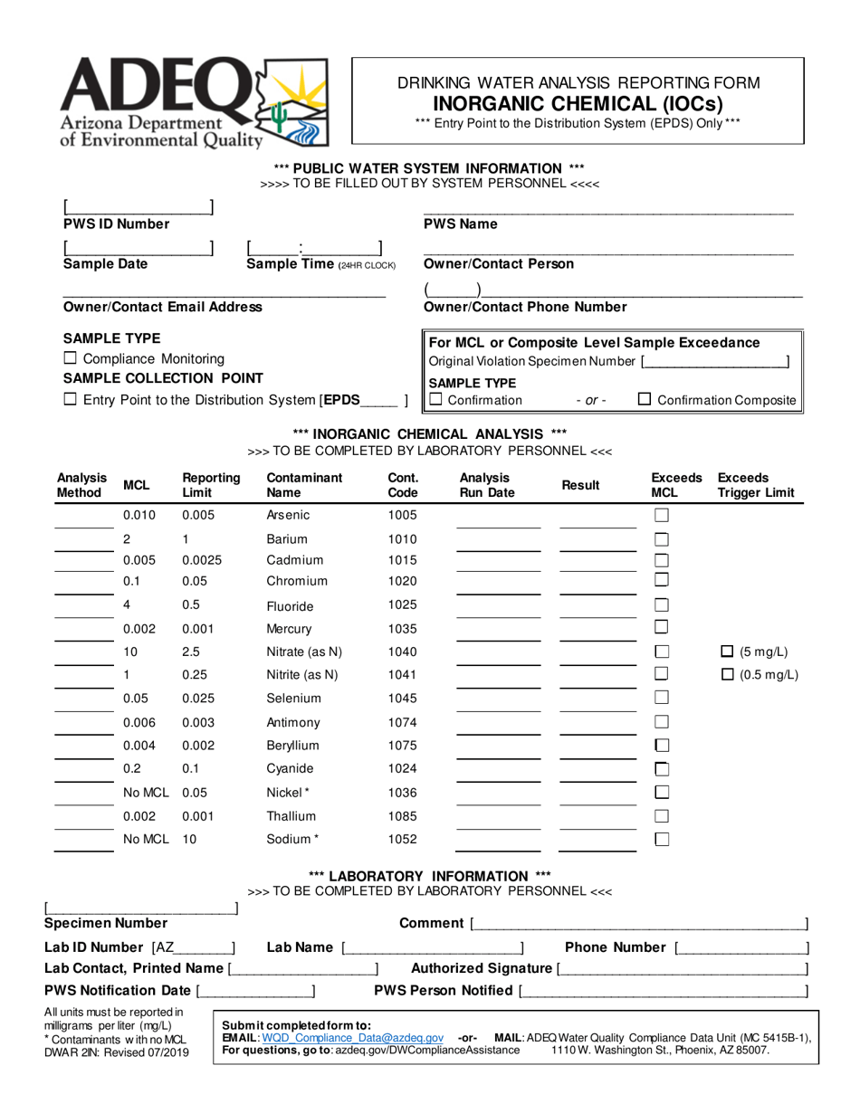 Form DWAR2IN Drinking Water Analysis Reporting Form - Inorganic Chemical (Iocs) - Arizona, Page 1