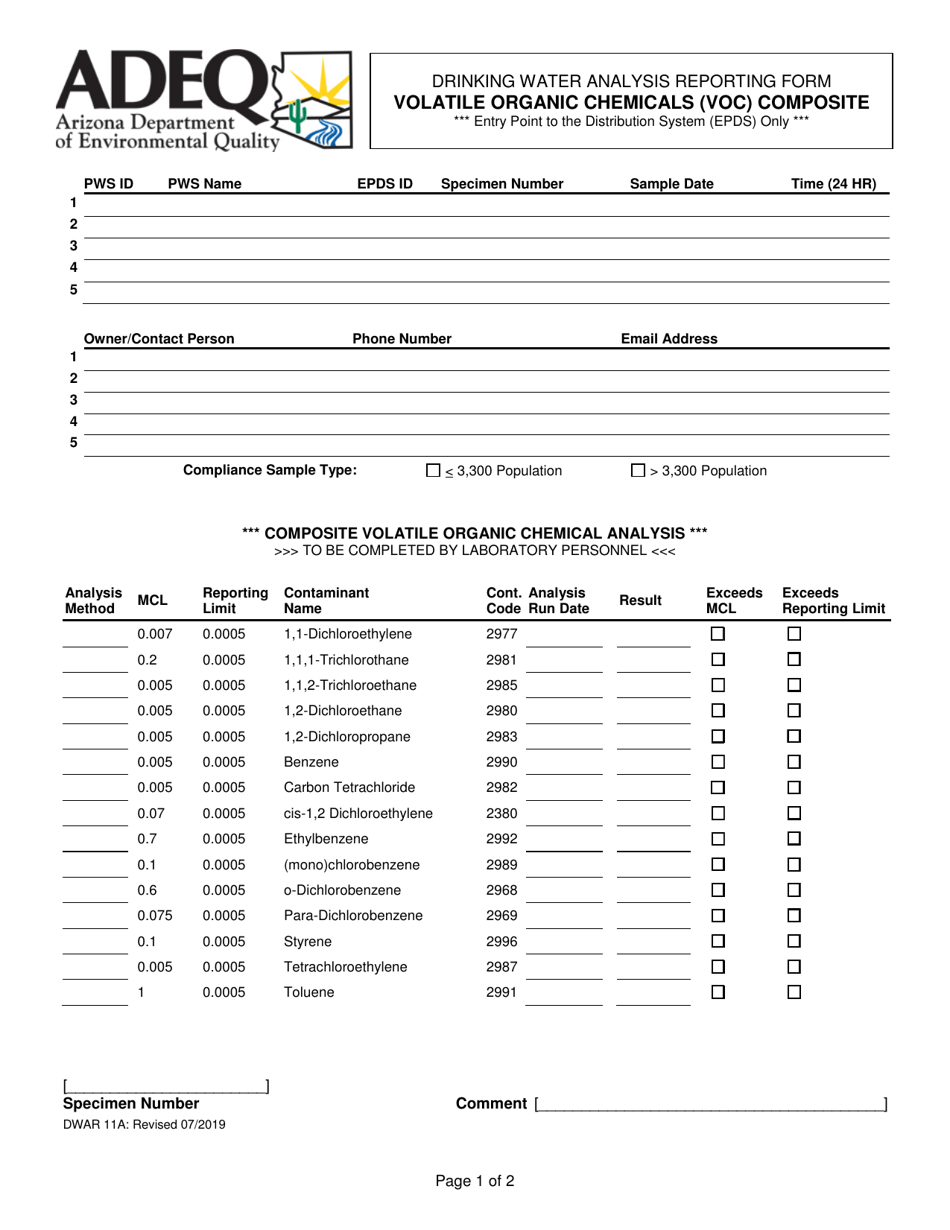 Form DWAR11A Drinking Water Analysis Reporting Form - Volatile Organic Chemicals (VOC) Composite - Arizona, Page 1