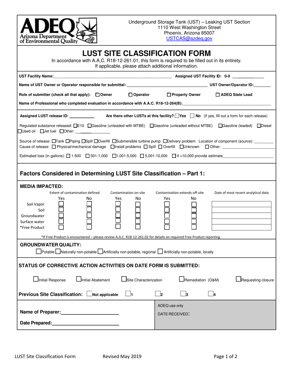 Lust Site Classification Form - Arizona, Page 1