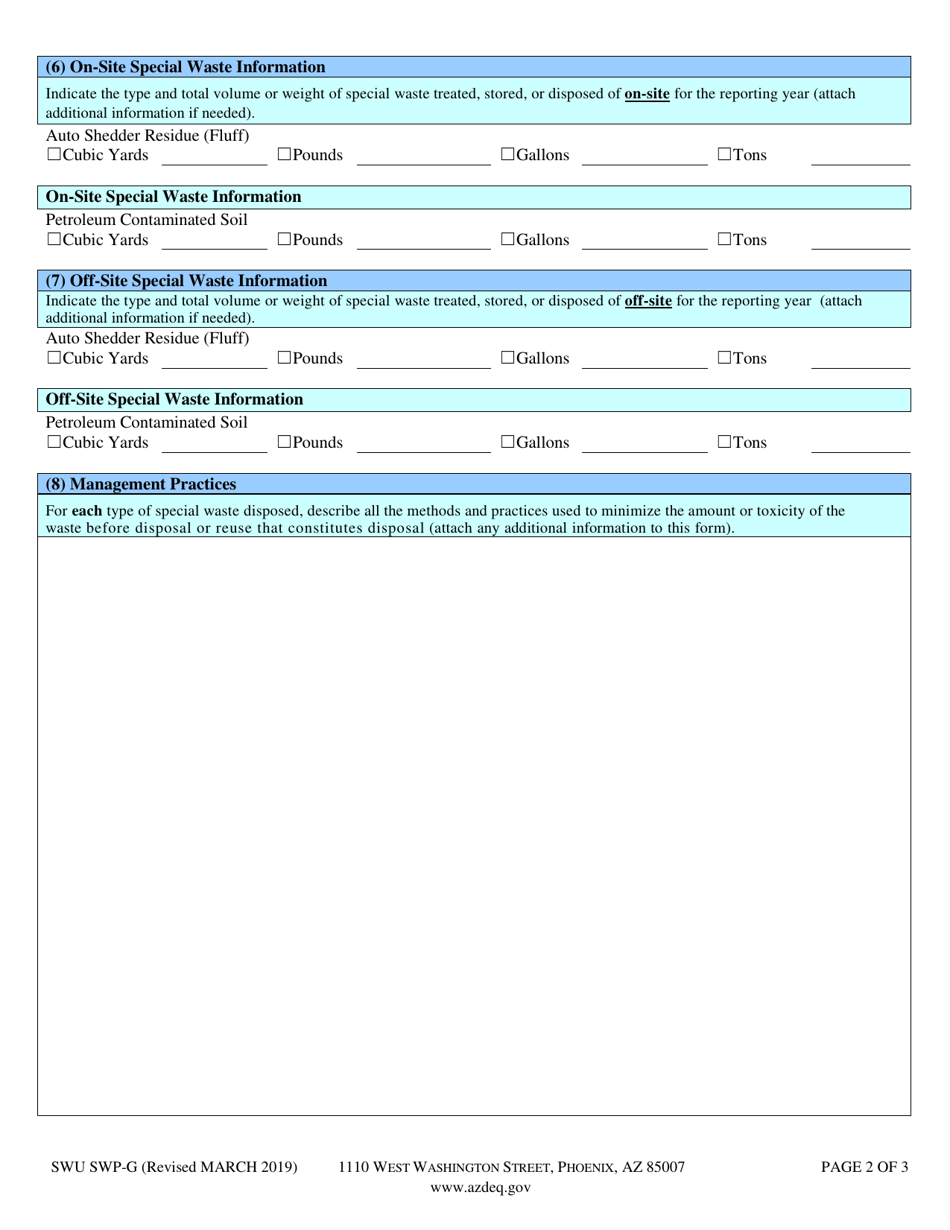 Form SWU SWP-G Special Waste Generator Annual Report - Arizona, Page 3