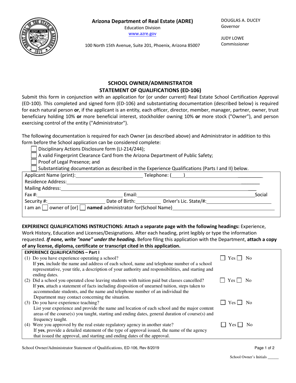 Form ED-106 School Owner / Administrator Statement of Qualifications - Arizona, Page 1